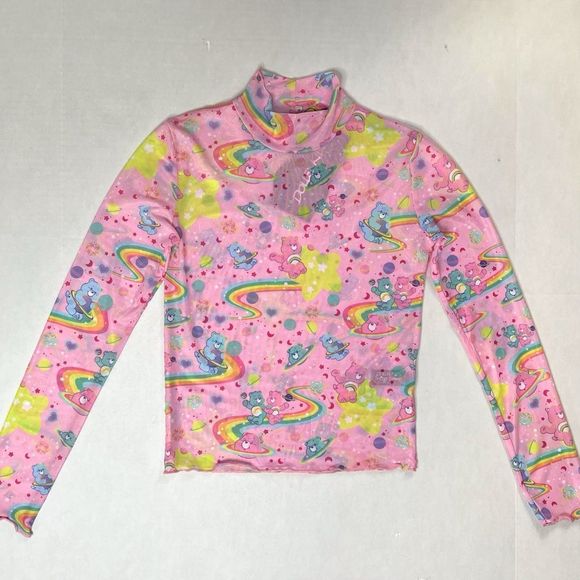 Dolls Kill x Care Bears Mesh Long Sleeve Lettuce Hem Pink Top Size Small - Picture 2 of 7